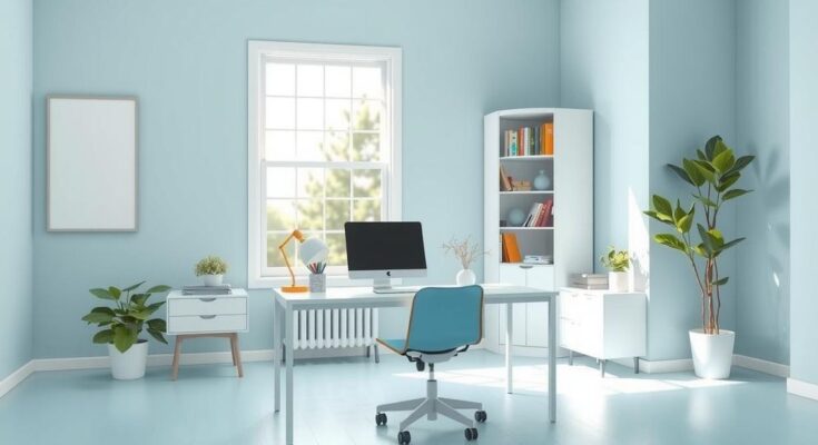 A serene workspace with a desk, plants, and a calming color palette that promotes balance between work and relaxation.