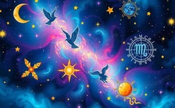 Colorful astrological symbols with a galaxy background representing horoscope predictions.