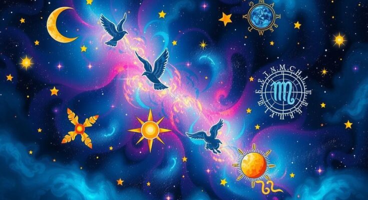 Colorful astrological symbols with a galaxy background representing horoscope predictions.