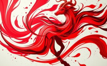 A vibrant red abstract design symbolizing Aries energy and confidence, with dynamic shapes and swirls.