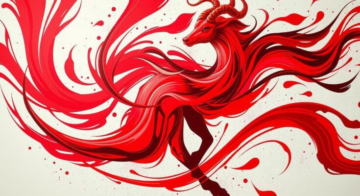 A vibrant red abstract design symbolizing Aries energy and confidence, with dynamic shapes and swirls.