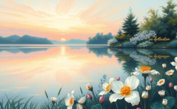 A serene landscape with a calm lake, soft pastel colors, and gentle flowers representing love and connection in relationships.