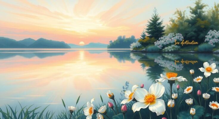 A serene landscape with a calm lake, soft pastel colors, and gentle flowers representing love and connection in relationships.