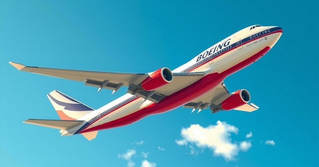 A luxury Boeing 747-8 aircraft in a clear blue sky, symbolizing advanced aviation and international cooperation.