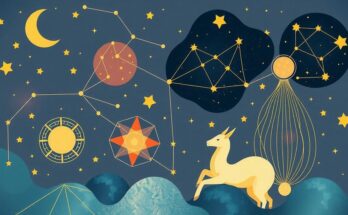Celestial themed illustration with constellations, creative symbols, and earth tones capturing intuitive energy.