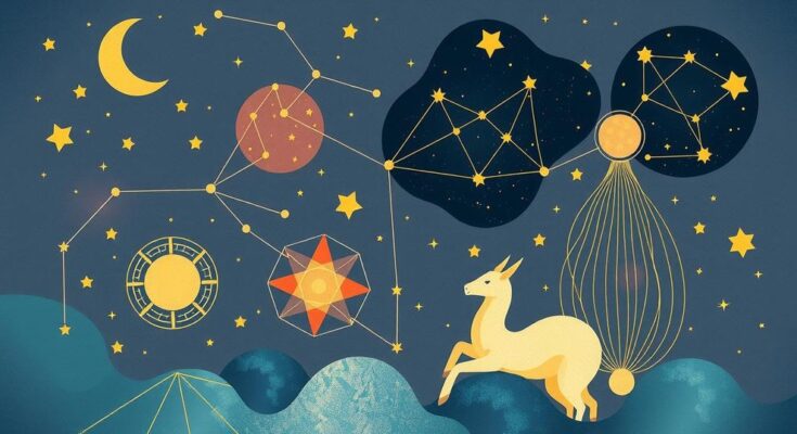 Celestial themed illustration with constellations, creative symbols, and earth tones capturing intuitive energy.