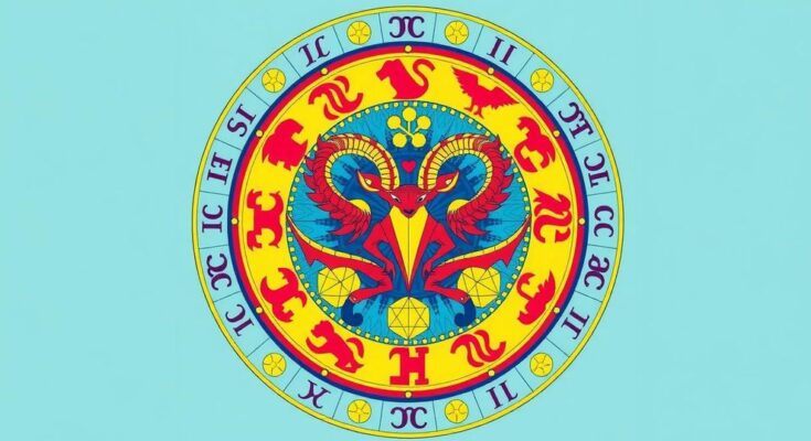 A zodiac wheel with vibrant colors and highlighted signs indicating energy and romance.