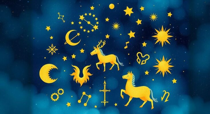 Colorful horoscope symbols representing astrology signs and a celestial theme with an inspirational vibe.