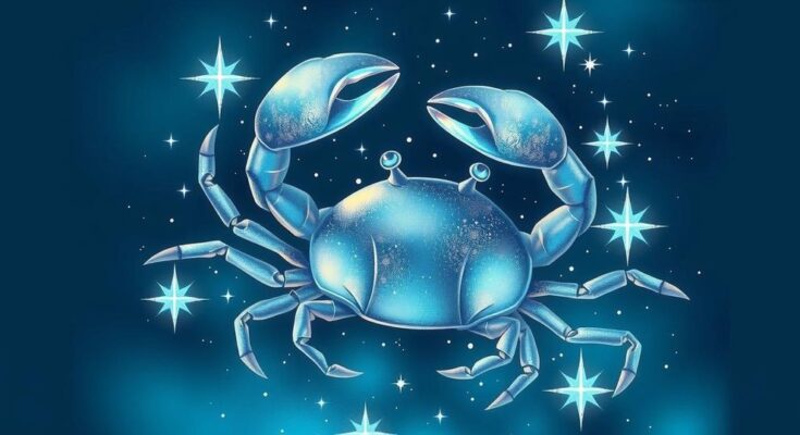 A vibrant cosmic illustration featuring the Cancer zodiac sign surrounded by stars and calming blue hues.