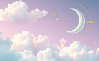 Celestial scene with soft clouds, astrology symbols in pastel colors and a calming moon, representing cosmic intuition.
