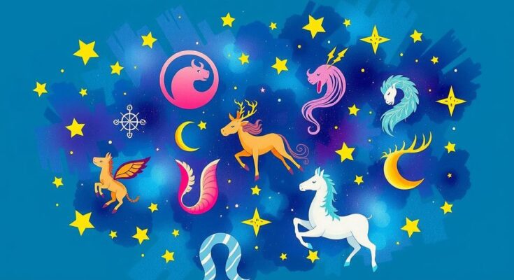 Astrological symbols representing zodiac signs, surrounded by stars, depicted in vibrant colors, conveying positivity and guidance.