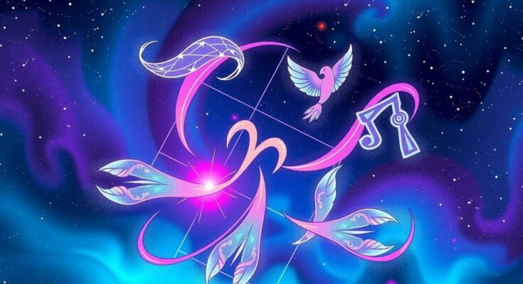 Astrological symbols on a colorful background representing horoscopes for all zodiac signs during Gemini season.