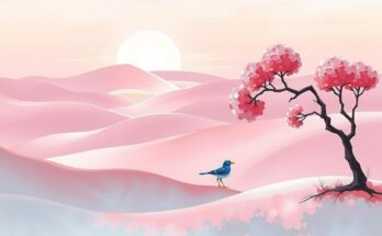 Light pink serene landscape emphasizing growth, harmony, and positivity reflecting smart working and relationships.