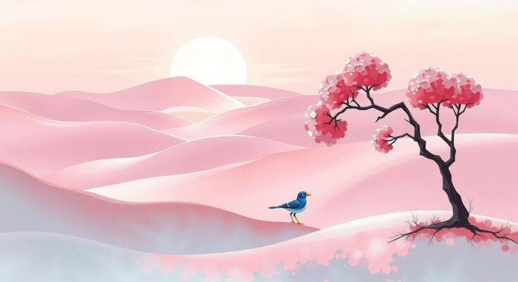 Light pink serene landscape emphasizing growth, harmony, and positivity reflecting smart working and relationships.