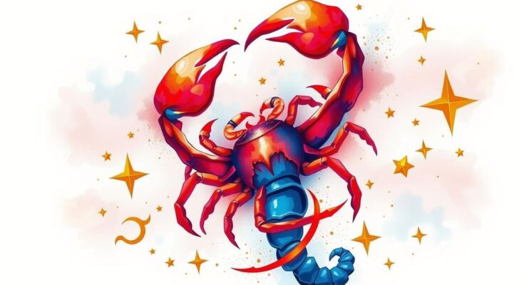 Artistic interpretation of zodiac signs with a focus on Scorpio's astrological elements in vibrant colors.