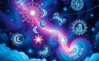 Astrological symbols with cosmic elements, starry skies, and vibrant colors representing positivity and renewal.