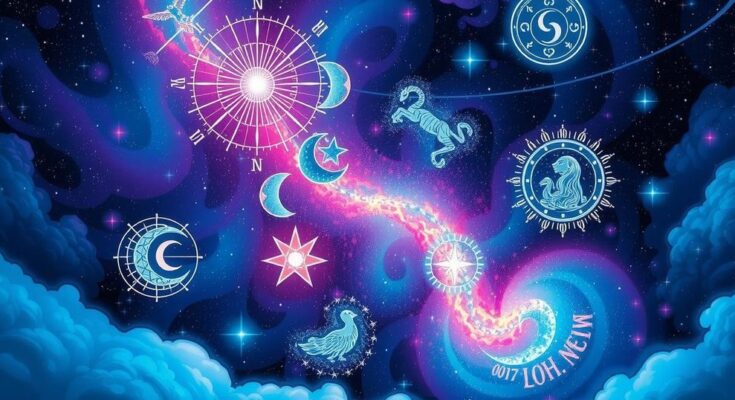 Astrological symbols with cosmic elements, starry skies, and vibrant colors representing positivity and renewal.