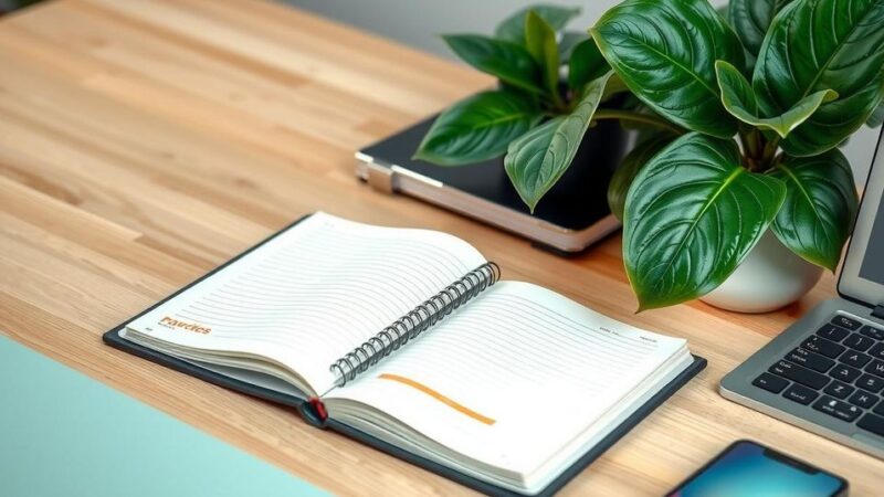 A serene desk setup with a stylish notebook, a plant, and a laptop, showcasing productivity and new tasks at work.