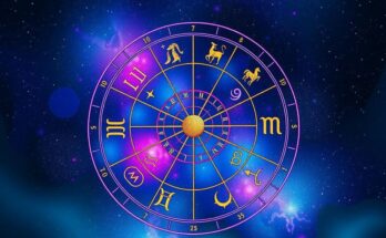 Colorful zodiac wheel with astrological symbols, stars, and a dreamy galaxy backdrop representing love horoscopes.