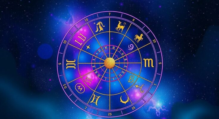 Colorful zodiac wheel with astrological symbols, stars, and a dreamy galaxy backdrop representing love horoscopes.