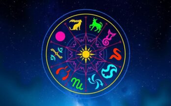 A vibrant zodiac wheel showcasing symbols of different sun signs against a cosmic background.