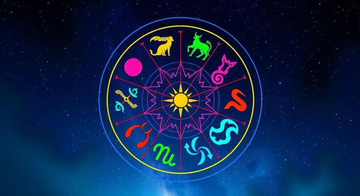 A vibrant zodiac wheel showcasing symbols of different sun signs against a cosmic background.