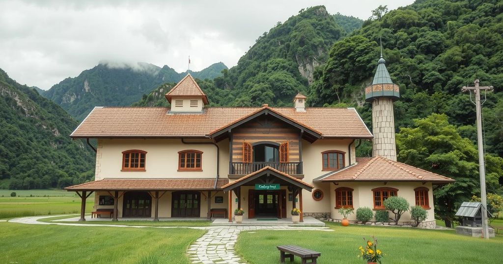 A serene rural library surrounded by mountains, symbolizing the importance of community resources and culture preservation.