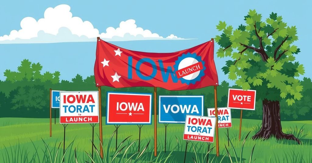 Illustration of a political campaign launch featuring campaign signs and a scenic Iowa backdrop.