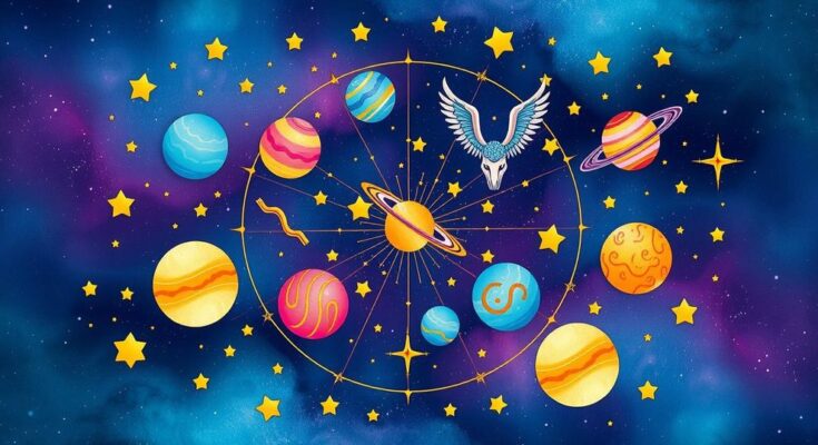 Astrological symbols representing zodiac signs with celestial elements and a vibrant cosmic background.
