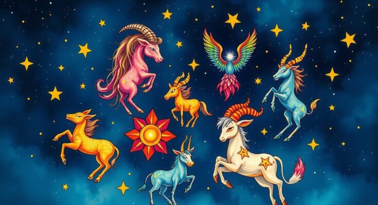 Colorful zodiac symbols surrounded by stars and cosmic elements, reflecting themes of astrology and positivity for each sign.