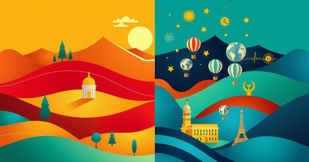 A split landscape showing bold colors representing political division, featuring symbolic icons of democracy and economy.