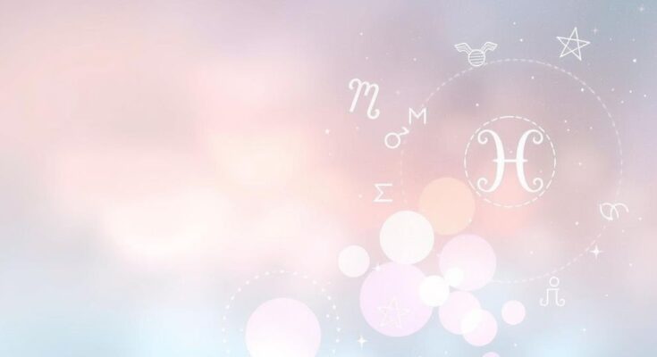Astrological forecast symbols representing zodiac signs amid serene cosmic elements with soft pastels.