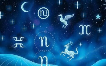 A starry night sky with colorful zodiac symbols and calming colors for each sign.