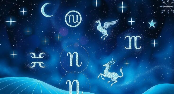 A starry night sky with colorful zodiac symbols and calming colors for each sign.