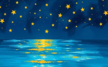 A serene nighttime scene with golden stars and a calm sea, reflecting creativity and innovation under a crescent moon.