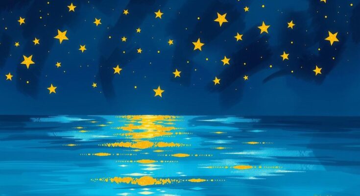 A serene nighttime scene with golden stars and a calm sea, reflecting creativity and innovation under a crescent moon.