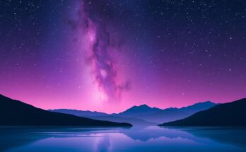 A serene landscape with a night sky filled with stars and a bright purple hue, reflecting positive energy and harmony.
