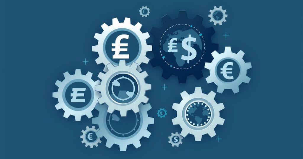 A digital illustration symbolizing tariffs and trade, featuring gears and currency symbols in a modern style with a cool color palette.