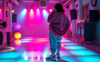 Cozy sweater, yoga pants in a lively setting with a bright, colorful dance floor and festive atmosphere.