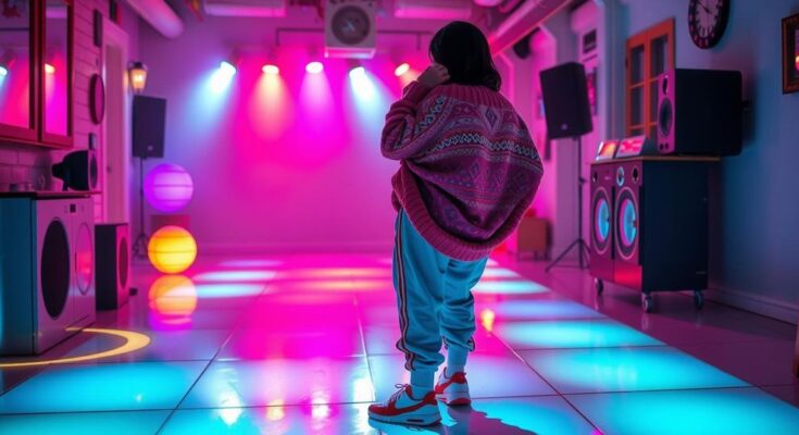 Cozy sweater, yoga pants in a lively setting with a bright, colorful dance floor and festive atmosphere.