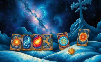 A celestial scene featuring tarot cards for zodiac signs in vibrant colors, symbolizing guidance and cosmic insights.