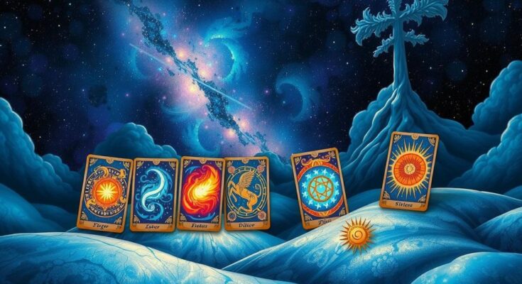 A celestial scene featuring tarot cards for zodiac signs in vibrant colors, symbolizing guidance and cosmic insights.