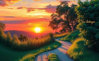 A serene landscape with a path leading to a vibrant sunset, symbolizing new beginnings and creativity.
