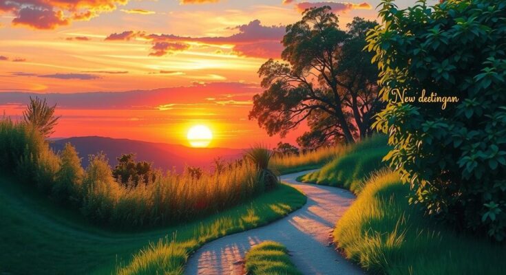 A serene landscape with a path leading to a vibrant sunset, symbolizing new beginnings and creativity.