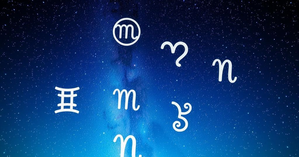 Astrological symbols representing different zodiac signs against a colorful starry night.