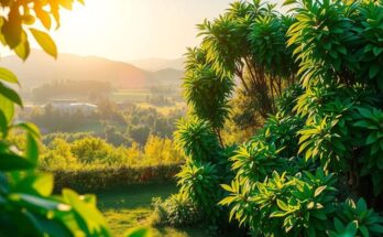 A calm landscape with green leaves and soft sunlight, representing harmony and balance for personal growth.