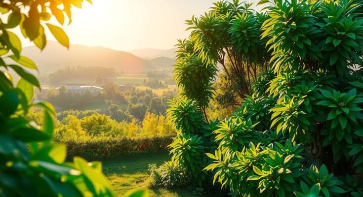 A calm landscape with green leaves and soft sunlight, representing harmony and balance for personal growth.