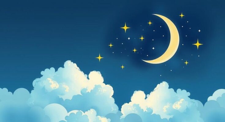 A serene night sky with a crescent moon, twinkling stars, and gentle clouds in calming pastel colors, symbolizing teamwork.