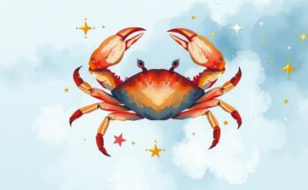 Astrological horoscope illustration depicting a crab symbolizing Cancer zodiac with cosmic elements and a calming color palette.