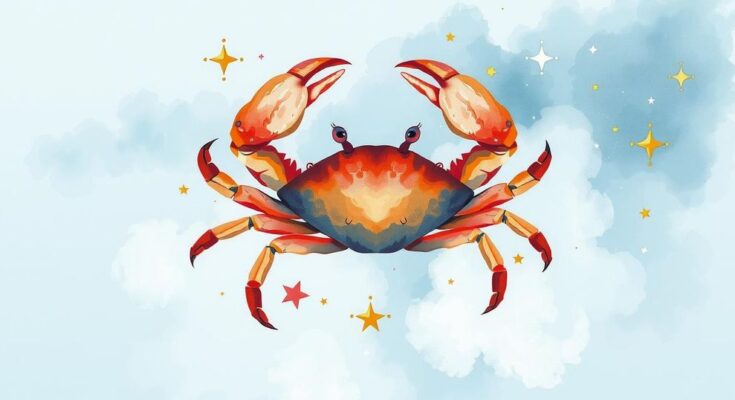 Astrological horoscope illustration depicting a crab symbolizing Cancer zodiac with cosmic elements and a calming color palette.